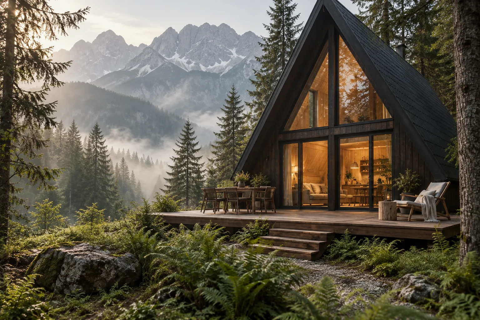 A dark timber A-frame cabin surrounded by fir trees