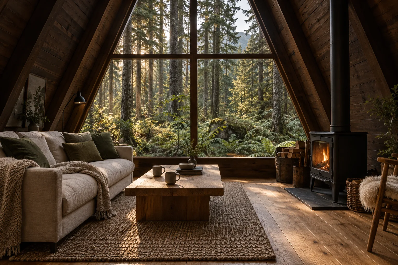 Warm timber cabin interior with linen seating and a triangular forest-facing window